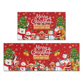 Christmas Kitchen Mats Set of 2, Merry Christmas and Happy New Year Home Kitchen Decoration Non-Slip Floor Mat Sets, Entryway & Holiday Rugs, Washable Microfiber Kitchen Carpet 17x30 + 17x47 Inch