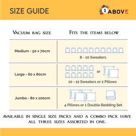 1ABOVE Pack of 6 Vacuum Compressed Storage Bags, Mould Moisture and Bug Proof, Double Zip High Sealing Triple Air Leak Patent Valve for Maximum Compression (MIX PACK)