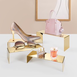 Luqvzxv 4 Pcs Gold Stainless Steel Display Risers, Large Golden Purse Display Stand, Large Gold Perfume Stand Display for Jewelry Shoe Handbag Purse Figure Toys Showcase