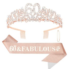 CIEHER 60th Birthday Decorations Set - 60th Birtday Crown and Sash Rose Gold