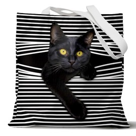 LIANGW Cute Black Cat Canvas Tote Bag Aesthetic Flowers Reusable Shopping Grocery Bags Birthday Gifts for Women & Teen Girls