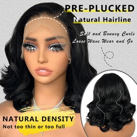 SOKU Short Wavy 13x6 Lace Front Wigs for Black Women Bouncy Layered Curls 12 Inch Natural Black Pre Plucked Loose Wave Wig Glueless Ready to Wear