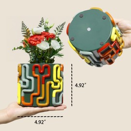 GUGUGO Colorful Squiggle Lines Planters Cute Unique Rainbow Planter with Drainage, Vintage Retro Flower Plant pots for Indoor Plants, Eclectic Succulent Gardening Pot for Boho Modern Décor, Green
