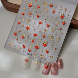 5D Embossed Nail Art Stickers Red Heart Nail Decals Gold Star Nail Stickers for Nail Art with Sun Moon Design Self-Adhesive Acrylic Nail Supplies for Women Manicure Decorations