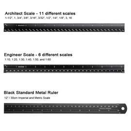 BTSKY 3 PCS 12" Architectural & Engineering Imperial Architect Scale Rulers with Standard Imperial Conversion Ruler Aluminum Triangular Scale Measuring Drafting Tool Ruler Laser Etched Metal Ruler Set