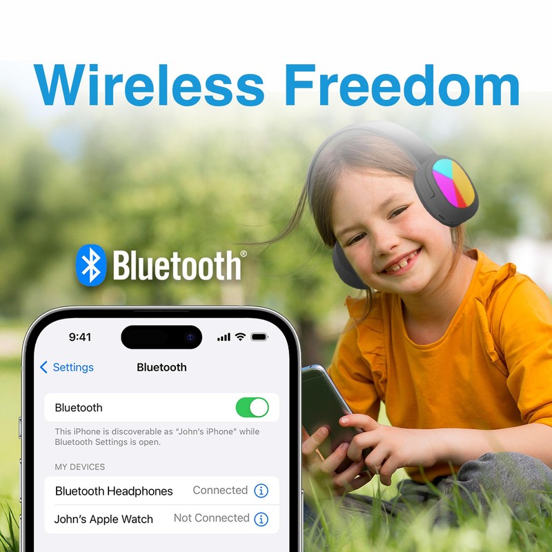 Laser Kids Bluetooth 5.4 Wireless Headphones with RGB Lights, Foldable,
