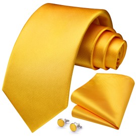 HISDERN Men's Wedding Ties and Pocket Square Solid Tie Cufflinks Set, yellow