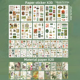 Vintage Washi Stickers for Scrapbooking, Aesthetic Sticker Book for Journaling with 30 Sheets Scrapbook Decorative Stickers and 20 Sheets Scrapbook Papers for Junk Journals with Scissors