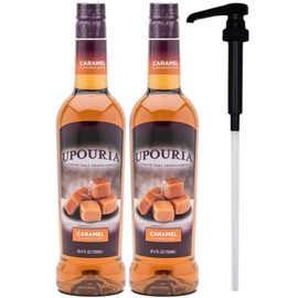 Upouria Caramel Coffee Syrup Flavoring, 100% Vegan, Gluten-Free, Kosher, 750ml bottle (Pack of 2) with Coffee Syrup Pump