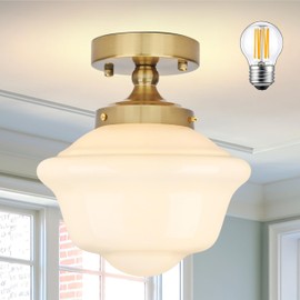 Bagood 8" Gold Schoolhouse Lights Fixture Schoolhouse Light Fixtures Ceiling Mid Century Lights Fixture Milk Glass Fixtures Semi Flush Mount Ceiling Light for Bathroom Kitchen (Bulb Incl.)