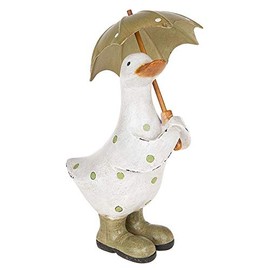 Davids Ducks - White & Green Polka Dot Duck with Umbrella and Wellington Boots (Small) - Charming Decorative Ornament