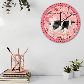 Wood Wall Clocks Silent Non-Ticking Large Numbers Battery Operated Valentine's Day All You Need Is Love Modern Wall Clocks Gift Idea for Cow Lovers Home Decor for New Home Classroom Daycare 15 Inch