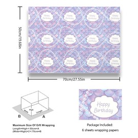 Apol Happy Birthday Wrapping Paper, Mermaid Scale with Pearl Necklace Design, 6 Sheets Mermaid Gift Wrapping Paper, For Girls Women Kids Birthday or Baby Shower
