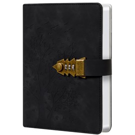 Heart Shaped Tree Diary with Lock - 244 Pages, A5 (5.8 x 8.4 inches), PU Leather Diary with Combination Lock Bookmark - Black - Ideal for Notes, Planners and Creative Writing