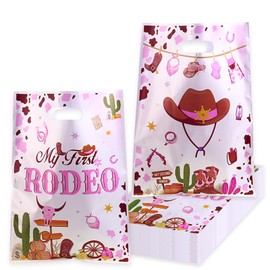 100 PCS Pink Cowgirl Gift Bag with Handles, My First Rodeo Party Favors for Girls, Western Plastic Goodie Bags for Birthday, Baby Shower, Party Supplies