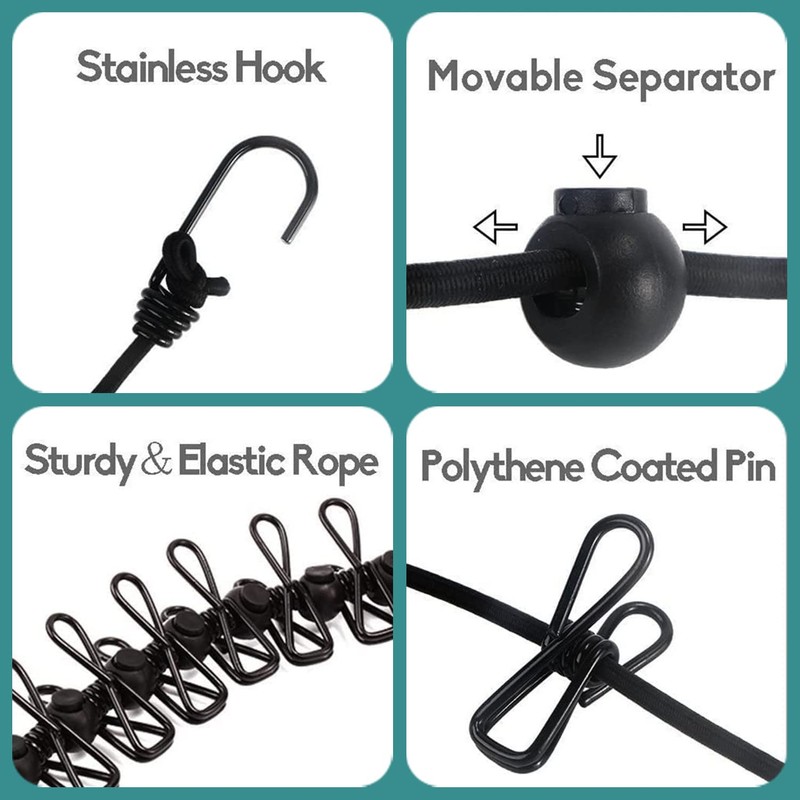 Portable Clothesline with 12 Clothespins, Windproof Travel Clothesline Stretchy Retractable