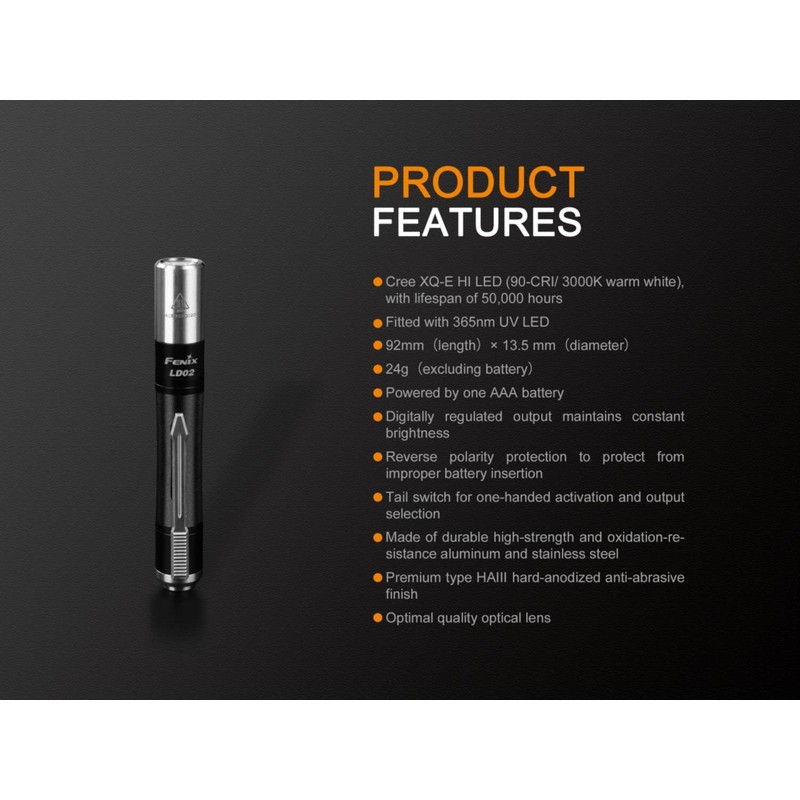 FENIX LD02 V2.0 XQ-E HI LED Flashlight, 70 Lumens Brightness,
