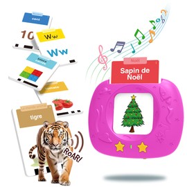 HOMESTEC Toddler Language Learning Toy, Upgraded Realistic Flash Cards, Visual Words with Sounds French Accent, Montessori Learning Set for Preschool Children (Pink)