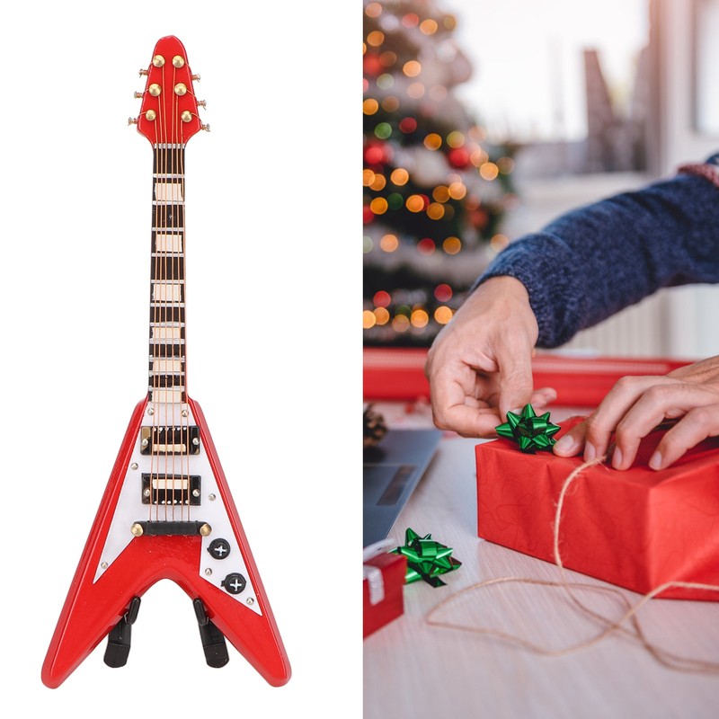 Red Miniature Electric Guitar Replica Wooden Mini Musical Instrument Model