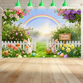 Easter Backdrop for Photography Banner - High-Density Non-Reflective Fabric Happy Easter Decorations for Wall - Vibrant Bunny and Eggs Spring Party Supplies for Indoor Outdoor Photoshoot 71x43 Inch