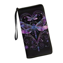 JUDENTIDOS Heart Dragonfly Print Women Wallet Travel Leather Rfid Blocking Purse Zipper Card Holder Clutch Bag