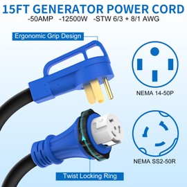 BEBOBLY 50 Amp Power Inlet Box and 15FT Generator Cord, 125V/250V Emergency Power Combo Kit, NEMA 3R Generator Plug, NEMA14-50P/SS2-50R RV Power Extension Cord, Twist Lock, Grip Handle