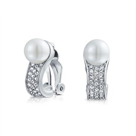 Bridal Crystal Fashion White Simulated Pearl Huggie Clip On Earrings For Women Non Pierced Ear Silver Plated Brass
