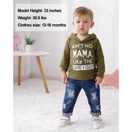 SOLOYEE Baby Boys Outfits Clothes Sets Infant Fashion 2 Pcs Letter Pattern Long Sleeve Hooded Sweatshirt and Jeans Pants 2-3 Years, Army Green