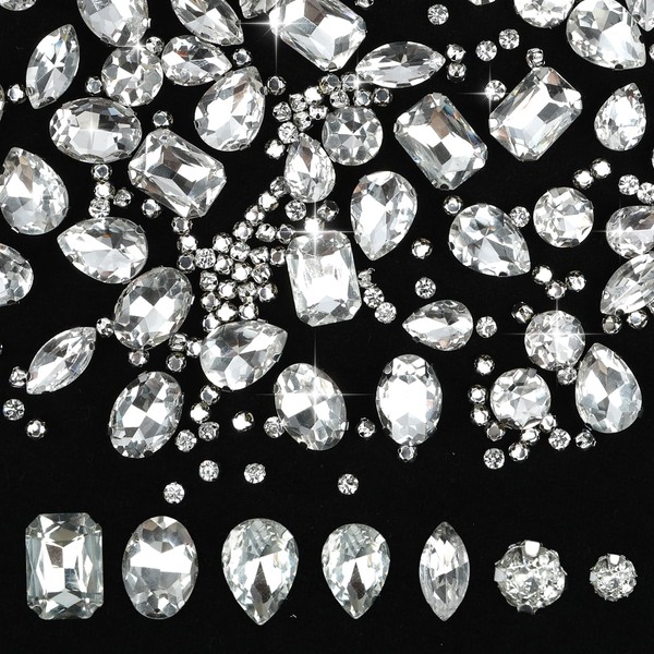 Pack of 198 Sew-On Glitter Stones, Glass Rhinestones, Metal Prong