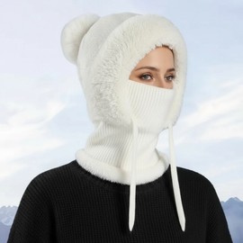 Knit Balaclava Hood Hat Neck Warmer Earmuffs Scarf for Winter Warmth lf2727 Free Size/Free Size White 4ea