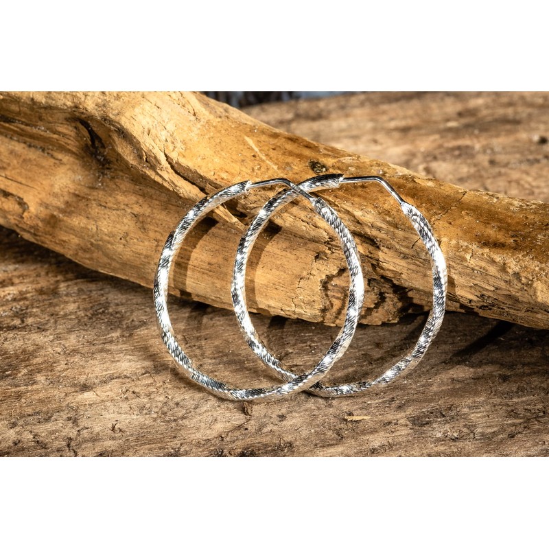 Schöner-SD Large Hoop Earrings Round with Pattern 925 Silver, Silver