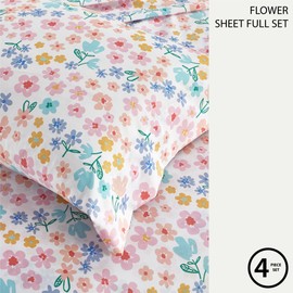 Heritage Kids 4-Piece Full Sheet Set – Multi-Color Ditsy Floral Design, Includes Top Sheet, Fitted Sheet & 2 Pillowcases, Soft Microfiber Bedding for Girls’ Bedroom or Guest Room