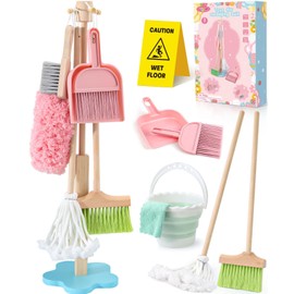 Lonico Wooden Kids Cleaning Toy Set for Toddlers Mop Broom and Dustpan Set, 12 Pcs Detachable Housekeeping Playset with Bucket Duster Brushes Pretend Play Cleaning Toys Gift for Boy Girl Age 3 4 5 6