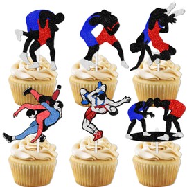18pcs Glitter Power Men Dessert Cupcake Topper Wrestling Theme Decor Supplies Boys Men Wrestler Happy Birthday Party Decorations