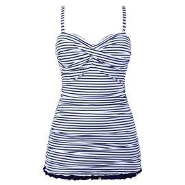 Mycoco Women's One Piece Swimdress Tummy Control Bathing Suit Front Cross Monokini Ruffled Hem Swimsuits Swim Dress, Blue&white Stripes, 18