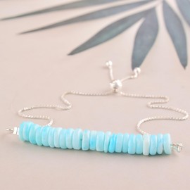 Natural Blue Opal Bar Bracelet, Heishi Beads Gemstone, Adjustable Slider Chain, Energy Healing Crystals, Birthday, Gift for Her, Gemstone Jewelry for Women 10-inch AAA+ Quality (blue opal)