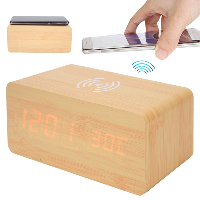 Wooden Clock Alarm Mobile Phone Wireless Charging Wood Voice Control