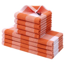 Homaxy Kitchen Towels and Dishcloths Set, 12 x 12 and 13 x 28 Inches, Set of 8 100% Cotton Waffle Weave Check Plaid Kitchen Dish Towels, Super Soft and Absorbent Dish Cloths, White & Orange