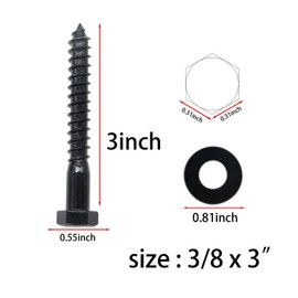 Evecad 10PCS 3/8" x 3" Hex Head Lag Screws, Stainless Steel Black Lag Bolts, Heavy Duty Lag Bolts, Washers Included