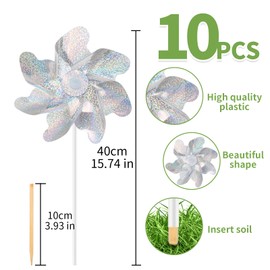Fulasiteu 10 Pack Reflective Pinwheels for Yard and Garden 7.08inch Pre-Installed Sparkly Silver Pinwheels Pin Wheels Bird Deterrent for Yard, Scare Birds & Animal Away Wind Spinner