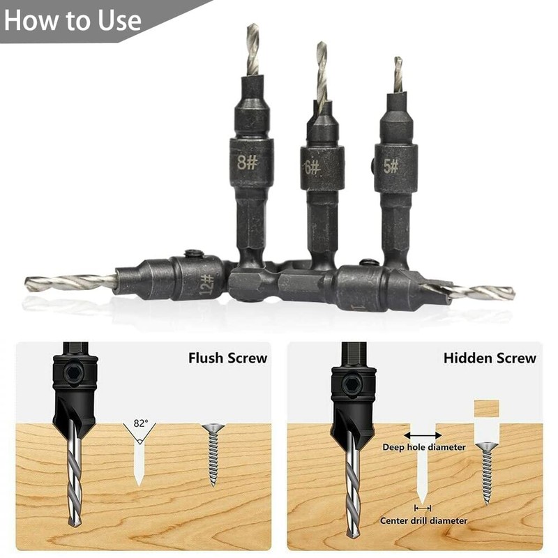 Saipor 5pcs Wood Countersink Drill Bit Set Hex Shank Quick