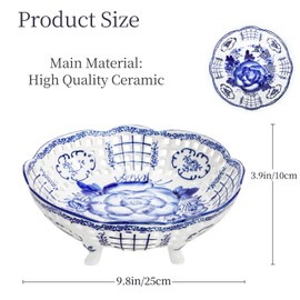 UANYEMON 9.8‘’ Blue and White Ceramic Decorative Bowl with Feet, Stoneware Berry Colander Fruit Bowl for Countertop or Table Display, Kitchen Counter Display, Chinoiserie Decor, Candy Dish