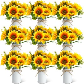 SiliFine 9 Sets Summer Sunflowers Artificial Flowers with Metal Pots Rustic Artificial Sunflowers Faux Sunflower Decorations Decorative Sunflower Centerpieces for Tables Spring (White)