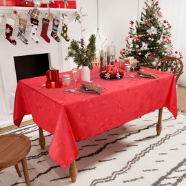 smiry Christmas Table Cloth Wipe Clean 140x180 cm, Xmas Wipeable Rectangle Polyester Tablecloth with Holy Leaves, Fabric Washable Table Cover for Dining Party and Festival, Red