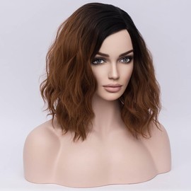BERON Brown Ombre Wigs for Women Short Curly Bob Wavy Wig Girls Black and Brown Body Wave Shoulder Length Cosplay or Daily Wigs