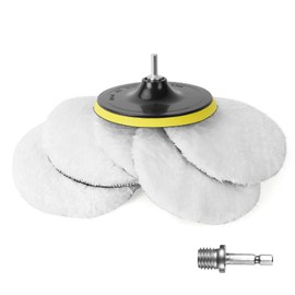 URAQT Car Polishing Hood, 5 Pieces Diameter 150 mm Polishing Pads, Wool Polishing Pad Set, Wool Buffer Polishing Covers with a 6 Angle Handle Polishing Pad Polishing Pad Polishing Sponge for M10 M14