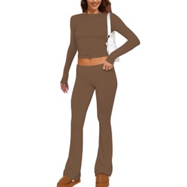 M_Eshop 2 Piece Set Women Outfit Lounge Sets Skims Long Sleeve Top And Flare Leggings Fold Over Yoga Pants Pajamas Set (Brown, Small)