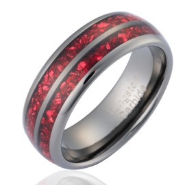 100S JEWELRY Gunmetal Mens Tungsten Carbide Ring Crushed Red Garnet Inlay Wedding Band Dome Edge Polished Finish Size 6-16 (Tungsten, 8)