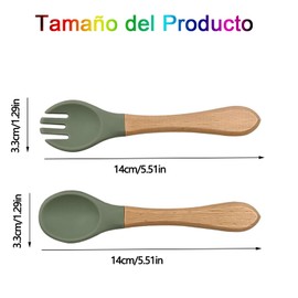 WADY Juego de 4 Cucharas y Tenedores de Silicona para Bebé con Punta Blanda - Utensilios de Alimentación para Niños (Beige+Verde)