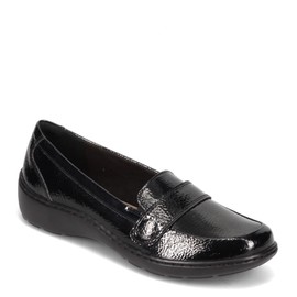 Clarks Women's Cora Daisy Loafer, Black Synthetic Crinkle Patent Synthetic, 9